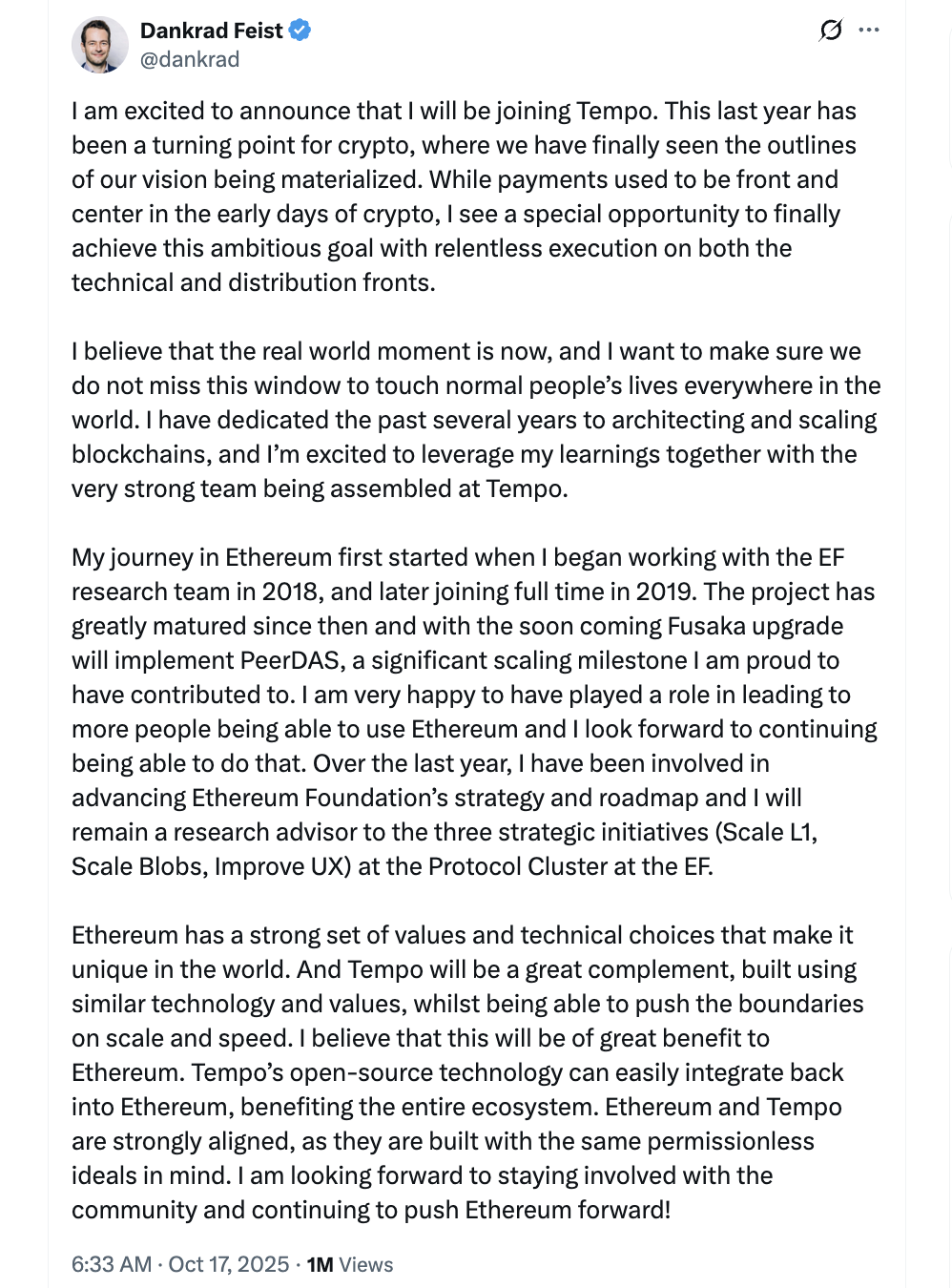 Dankrad Feist Moves from Ethereum Foundation to Stripe’s Tempo Team