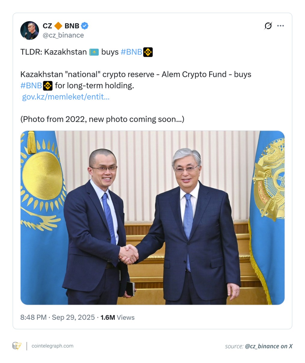 Kazakhstan Introduces State-Funded Crypto Initiative with First Investment in BNB