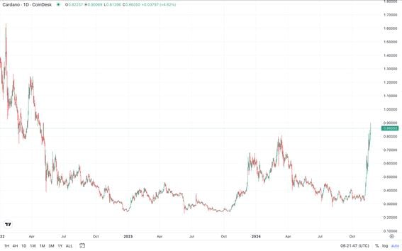 Cardano's ADA Achieves a 2.5-Year Peak at 90 Cents with Whale Holdings Surpassing $12B