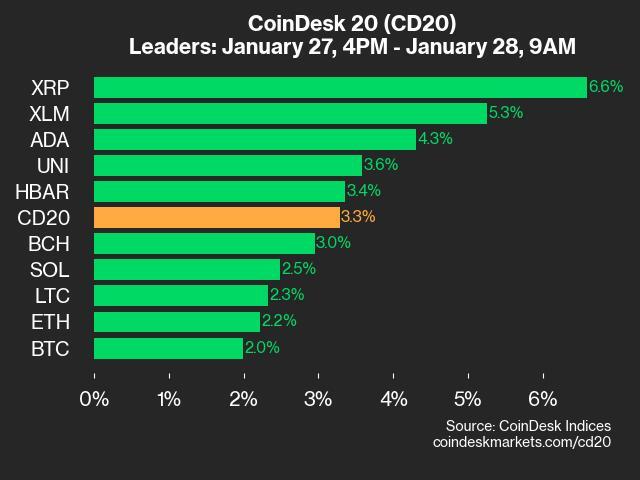 Performance Update on CoinDesk 20: XRP Surges 6.6% while Index Climbs