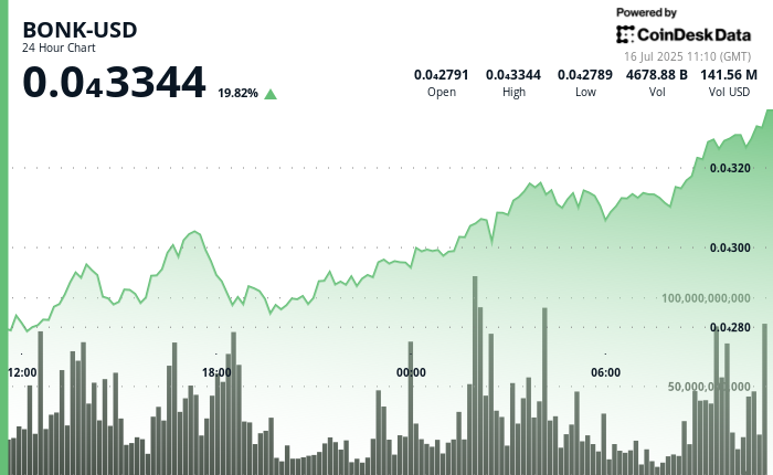 BONK Jumps Over 15% as Memecoin Momentum Boosts Broader Crypto Market