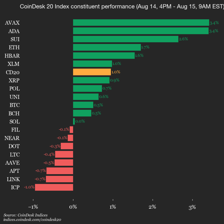 CoinDesk 20 Performance Review: Avalanche (AVAX) Climbs by 3.4% as Market Index Rises