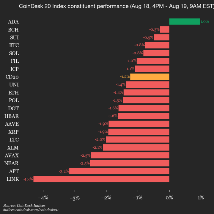 CoinDesk 20 Performance Update: Chainlink Declines 4.3% Amid Market Struggles