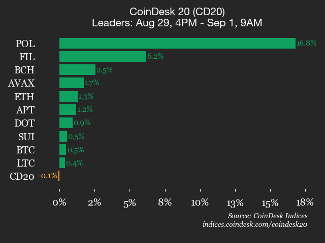 Polygon's Token POL Leads Weekend Surge Of 16%, CoinDesk 20 Index Remains Stable