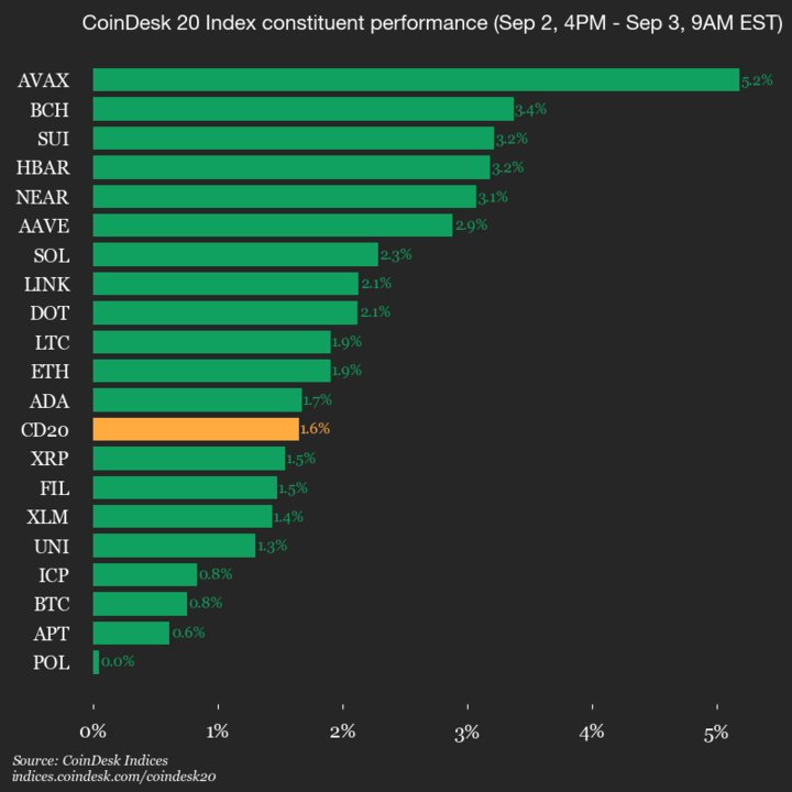 Avalanche Sees 5.2% Surge in CoinDesk 20 Performance Update